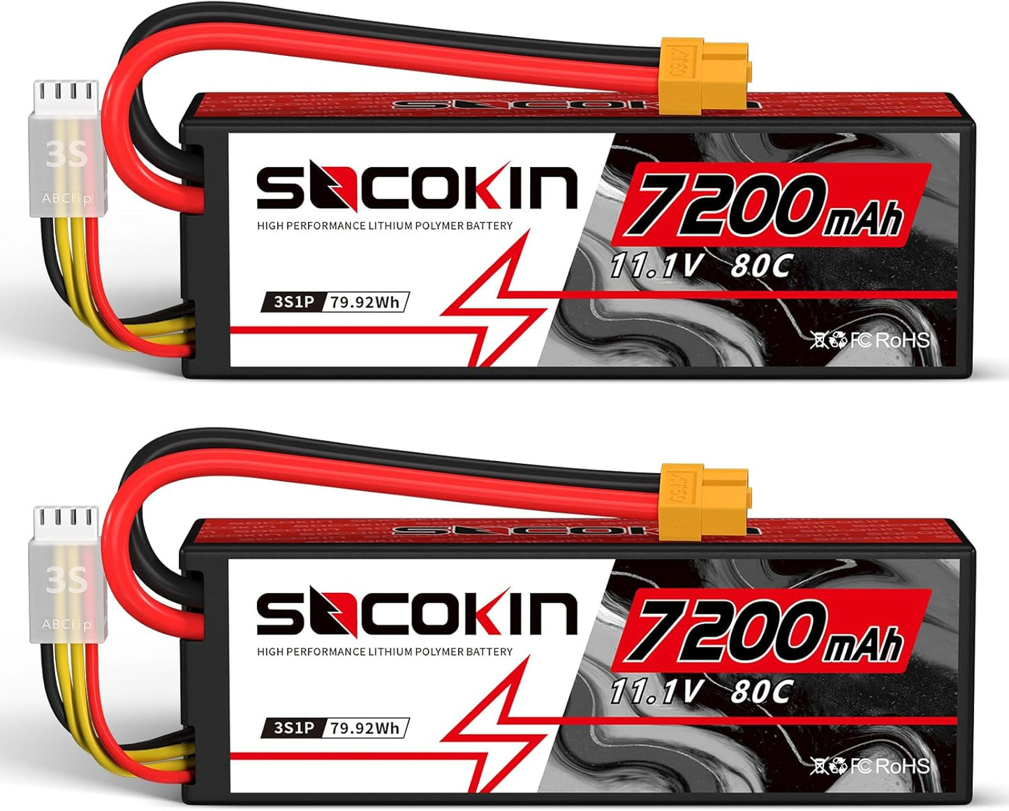 3S 11.1V Lipo Battery 7200mAh 80C Lipo Battery with Hard Case XT60 Plug 2 pack