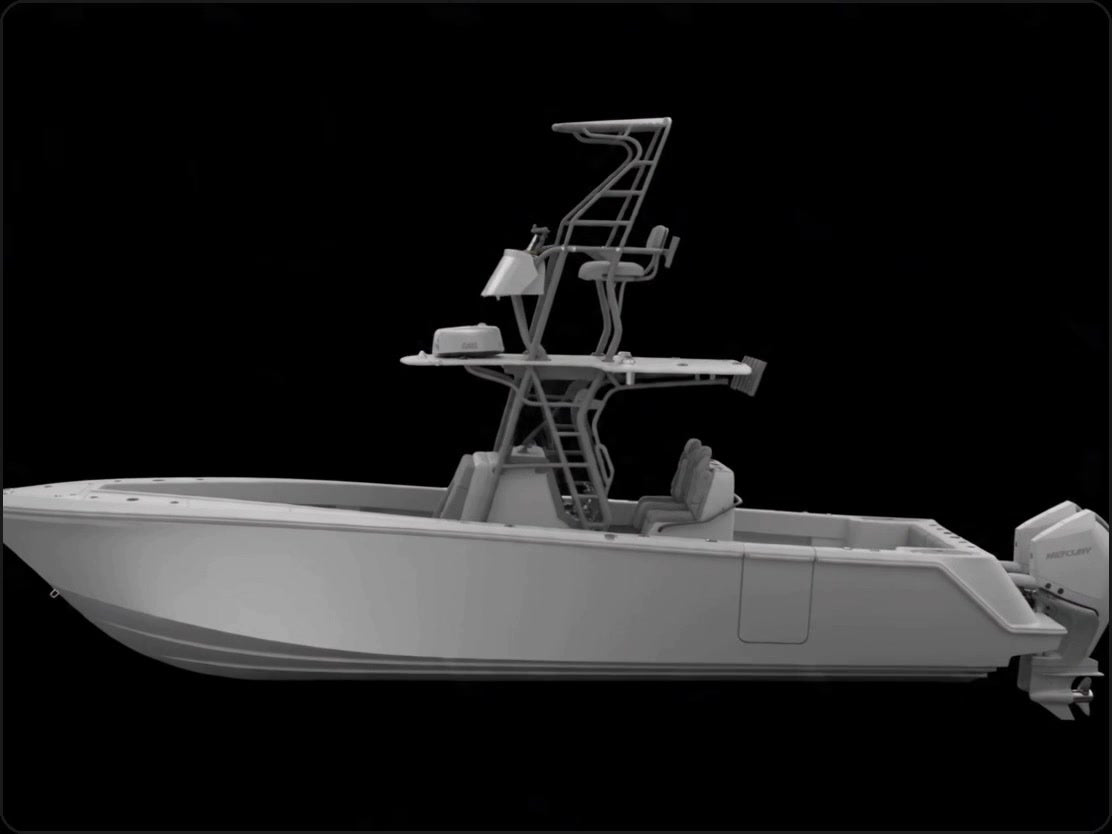 TMRC SeaVee 322Z with tower upgrade — 3D render, side profile