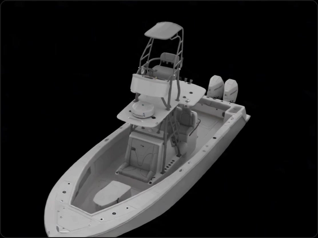 TMRC SeaVee 322Z with tower upgrade — 3D render, bow quarter view