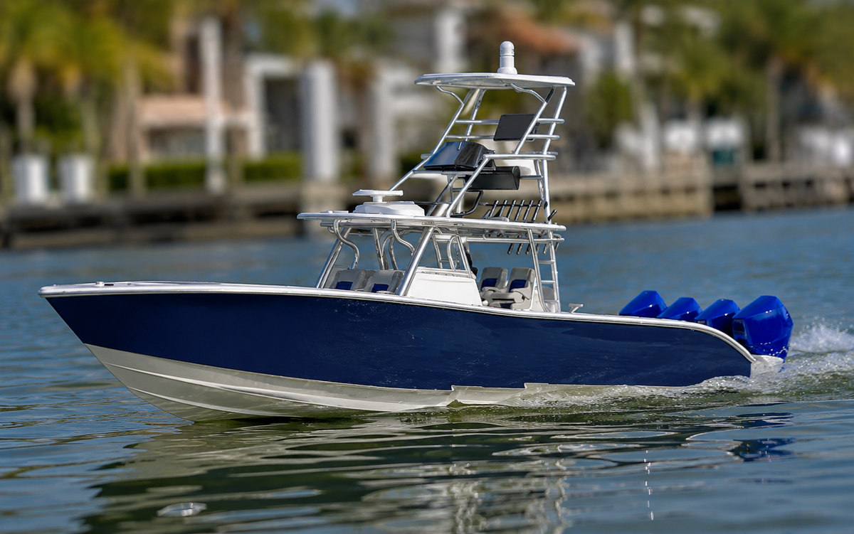 TMRC 42 Offshore — navy-hulled 3D printed RC center console with quad outboards running on the water